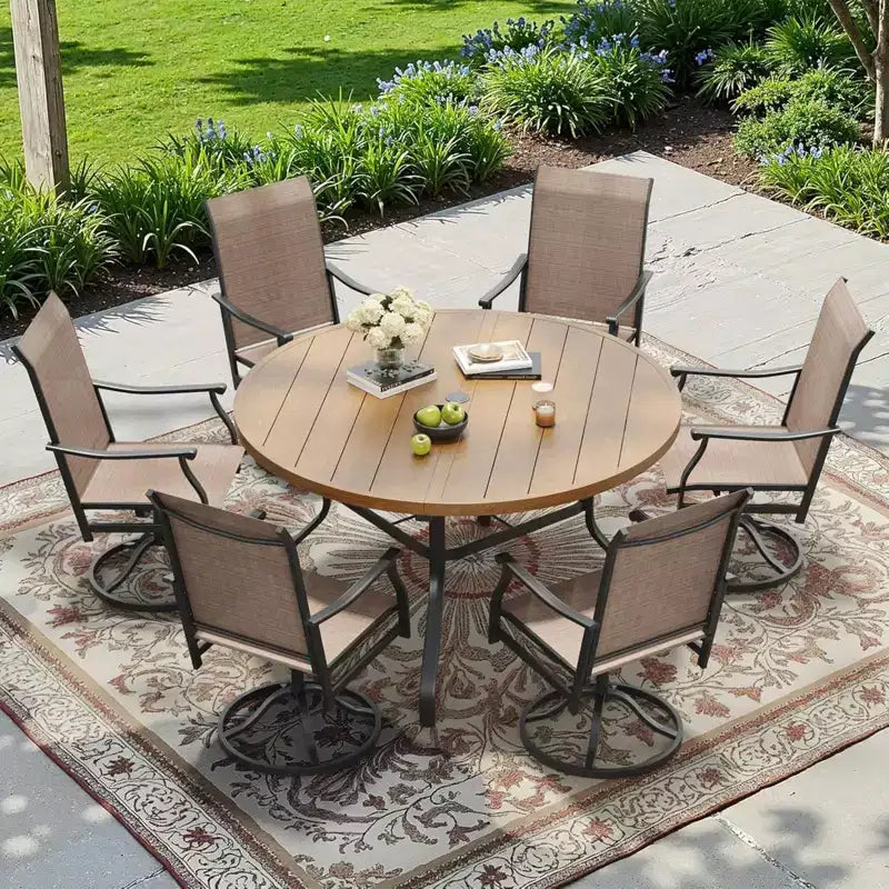 NAYSAYE Tavolo da patio rotondo con doghe in finto legno Foro per ombrellone a grana realistica Resistente alla ruggine per esterni, 41,14*41,14*28,35