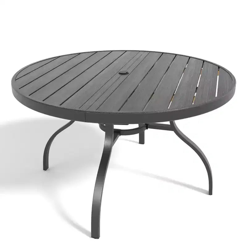 NAYSAYE Tavolo da patio rotondo con doghe in finto legno Foro per ombrellone a grana realistica Resistente alla ruggine per esterni, 41,14*41,14*28,35