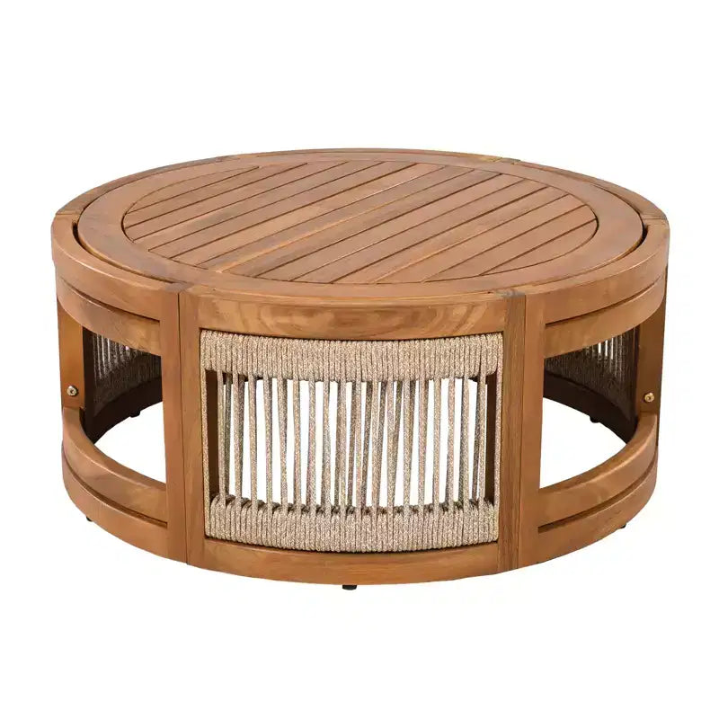 NAYSAYE Boho Outdoor Coffee Table with Handwoven Rope Accent, Acacia Wood All-Weather Patio Table for Yard Balcony, Natural, 27.95*27.95*12.4