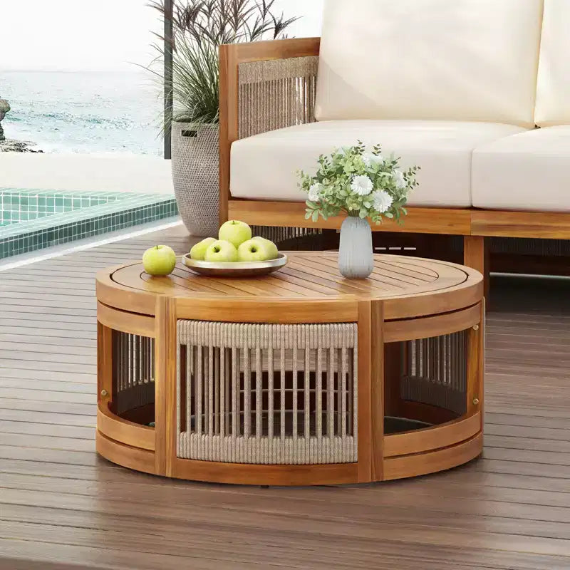 NAYSAYE Table basse d'extérieur bohème avec accent en corde tressée à la main, table de patio toutes saisons en bois d'acacia pour jardin balcon, naturelle, 27,95*27,95*12,4