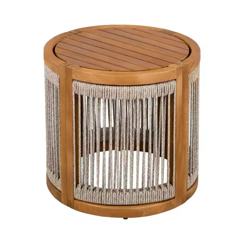 NAYSAYE Acacia Wood Outdoor Side Table with Handwoven Rope Accent All Weather Boho Patio Table for Garden, Natural, 16.9*16.9*16.34