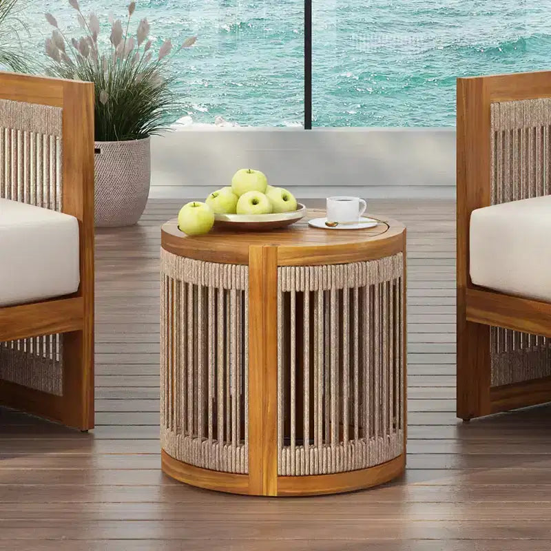 NAYSAYE Tavolino da Esterno in Legno di Acacia con Accenti in Corda Intrecciata a Mano, Resistente alle Intemperie, Stile Boho, per Giardino, Naturale, 16.9*16.9*16.34