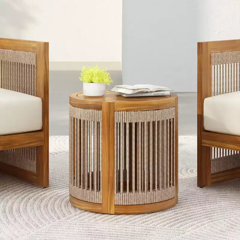 NAYSAYE Tavolino da Esterno in Legno di Acacia con Accenti in Corda Intrecciata a Mano, Resistente alle Intemperie, Stile Boho, per Giardino, Naturale, 16.9*16.9*16.34