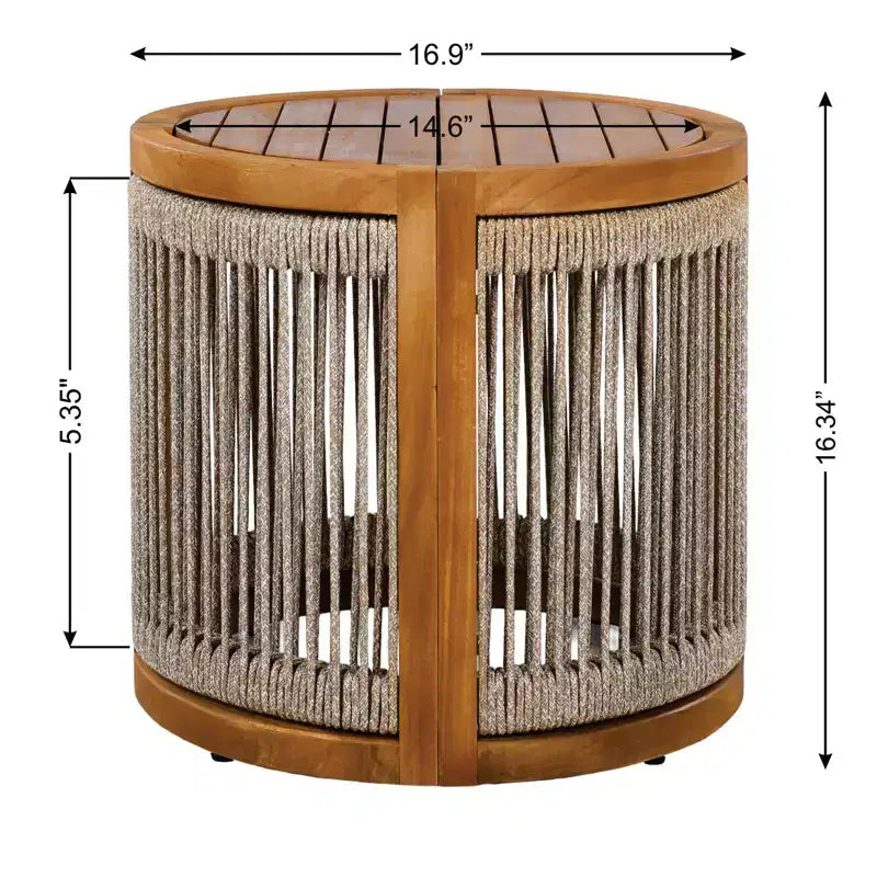 NAYSAYE Tavolino da Esterno in Legno di Acacia con Accenti in Corda Intrecciata a Mano, Resistente alle Intemperie, Stile Boho, per Giardino, Naturale, 16.9*16.9*16.34