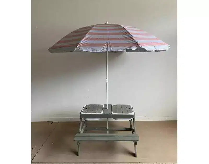 Tavolo da gioco 4 in 1 convertibile in legno per bambini con sabbia e acqua, con ombrellone rimovibile, tavolino da picnic per attività con contenitori per giochi interni ed esterni