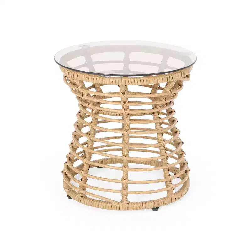 ModernLuxe Table d'appoint 39,4 cm Boho en rotin synthétique, plateau en verre trempé, table d'appoint sablier tressée pour patio/salon, marron