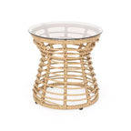 ModernLuxe Table d'appoint 39,4 cm Boho en rotin synthétique, plateau en verre trempé, table d'appoint sablier tressée pour patio/salon, marron