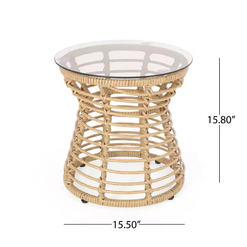 ModernLuxe Table d'appoint 39,4 cm Boho en rotin synthétique, plateau en verre trempé, table d'appoint sablier tressée pour patio/salon, marron