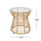 ModernLuxe Table d'appoint 39,4 cm Boho en rotin synthétique, plateau en verre trempé, table d'appoint sablier tressée pour patio/salon, marron
