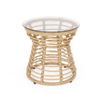 ModernLuxe Table d'appoint 39,4 cm Boho en rotin synthétique, plateau en verre trempé, table d'appoint sablier tressée pour patio/salon, marron