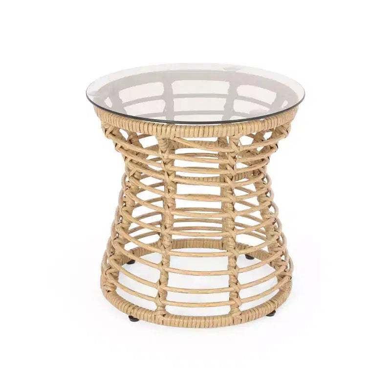 ModernLuxe Table d'appoint 39,4 cm Boho en rotin synthétique, plateau en verre trempé, table d'appoint sablier tressée pour patio/salon, marron