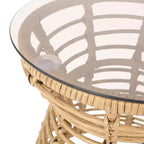 ModernLuxe Table d'appoint 39,4 cm Boho en rotin synthétique, plateau en verre trempé, table d'appoint sablier tressée pour patio/salon, marron