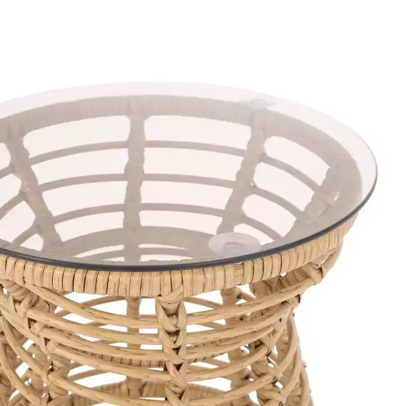 ModernLuxe Table d'appoint 39,4 cm Boho en rotin synthétique, plateau en verre trempé, table d'appoint sablier tressée pour patio/salon, marron