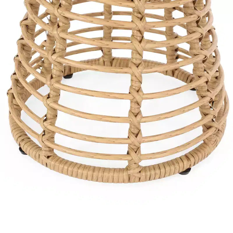 ModernLuxe Table d'appoint 39,4 cm Boho en rotin synthétique, plateau en verre trempé, table d'appoint sablier tressée pour patio/salon, marron