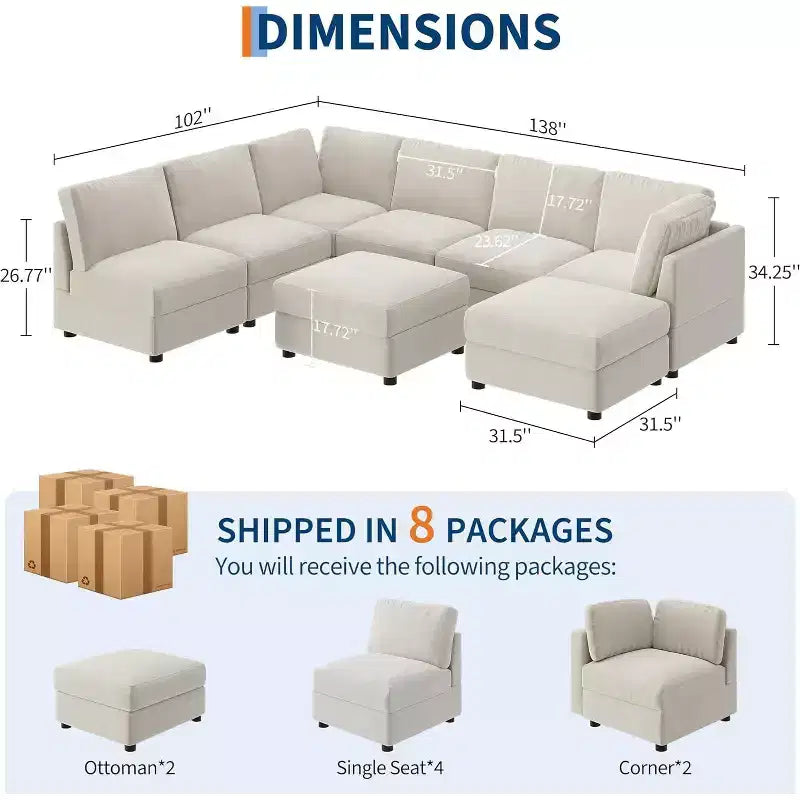 Divano componibile a L Acekool, divano a 9 posti con 2 pouf contenitore, 2 cuscini, divano letto profondo in ciniglia per soggiorno