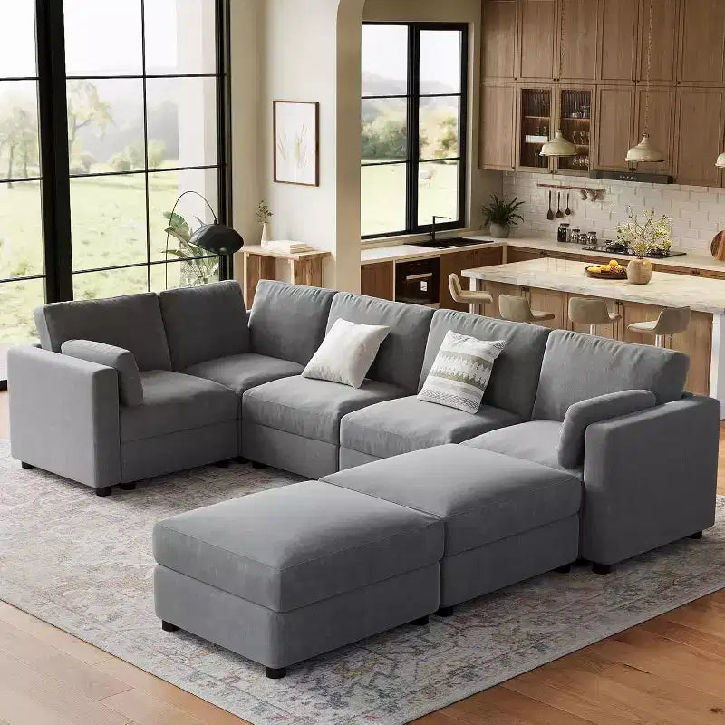 Divano componibile a L Acekool, divano a 9 posti con 2 pouf contenitore, 2 cuscini, divano letto profondo in ciniglia per soggiorno