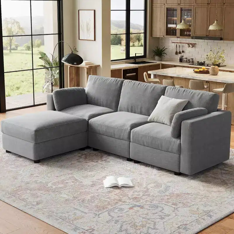 Divano componibile a L Acekool, divano a 9 posti con 2 pouf contenitore, 2 cuscini, divano letto profondo in ciniglia per soggiorno