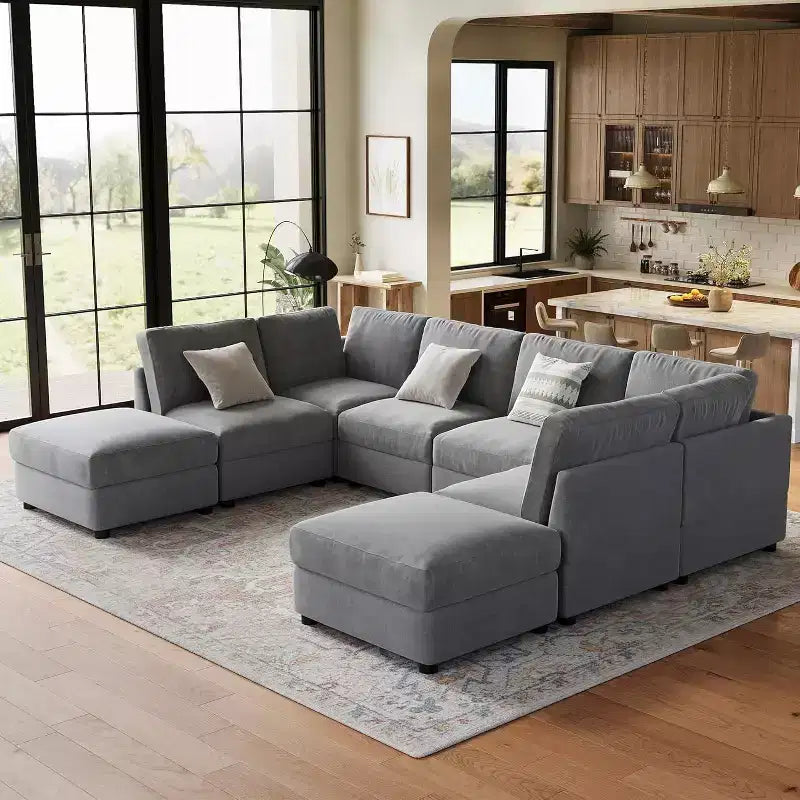 Divano componibile a L Acekool, divano a 9 posti con 2 pouf contenitore, 2 cuscini, divano letto profondo in ciniglia per soggiorno