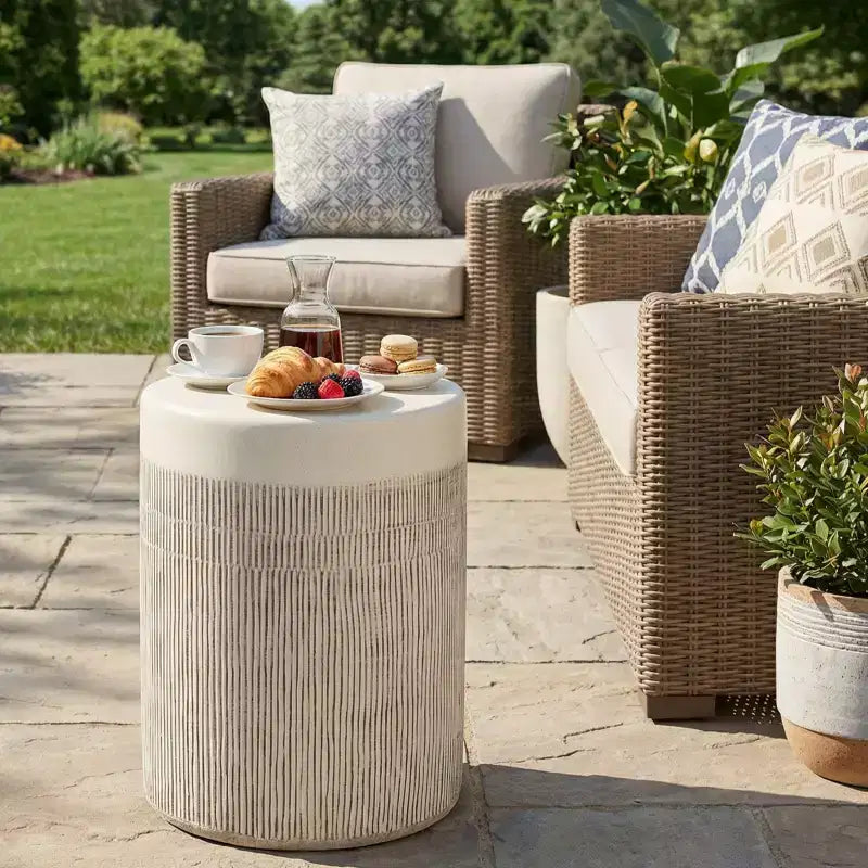 Round Patio End Table Indoor&Outdoor Side Table, Weather-Resistant Decorative Accent Table Garden Plant Stand, White, No Assembly - ModernLuxe