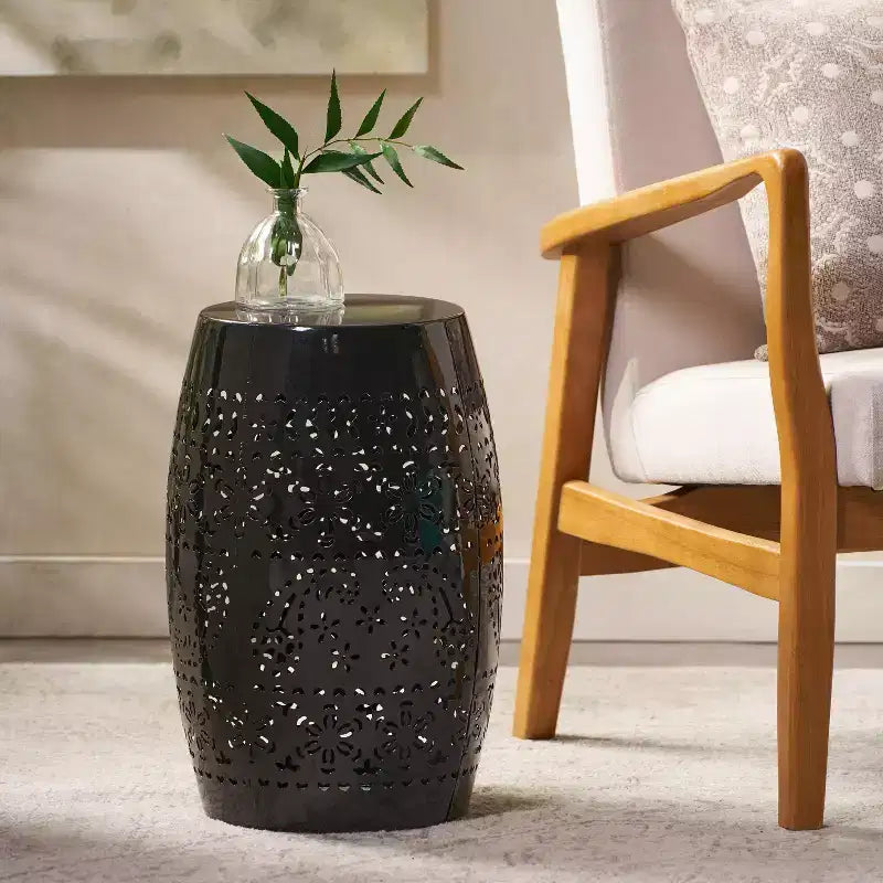 Lace Cut Iron Patio End Table, Barrel Shape Side Table for Indoor, Garden, Backyard, No Assembly Needed - ModernLuxe