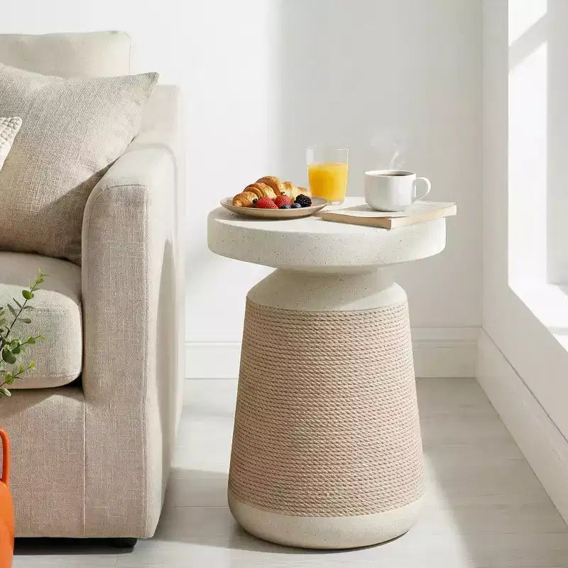 Simulated Rattan&Stone Patio End Table Indoor&Outdoor Side Table, Weather-Resistant Decorative Accent Table Garden Plant Stand - ModernLuxe