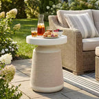 Table d'appoint d'extérieur/d'intérieur en rotin et pierre synthétiques, résistante aux intempéries, table d'appoint décorative, support de plantes de jardin - ModernLuxe