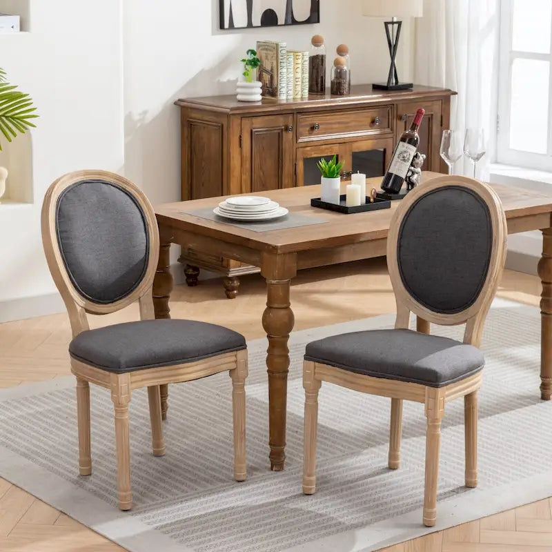 Sedia da pranzo ovale in stile francese, set di 2 – rivestimento in lino, struttura in legno massello