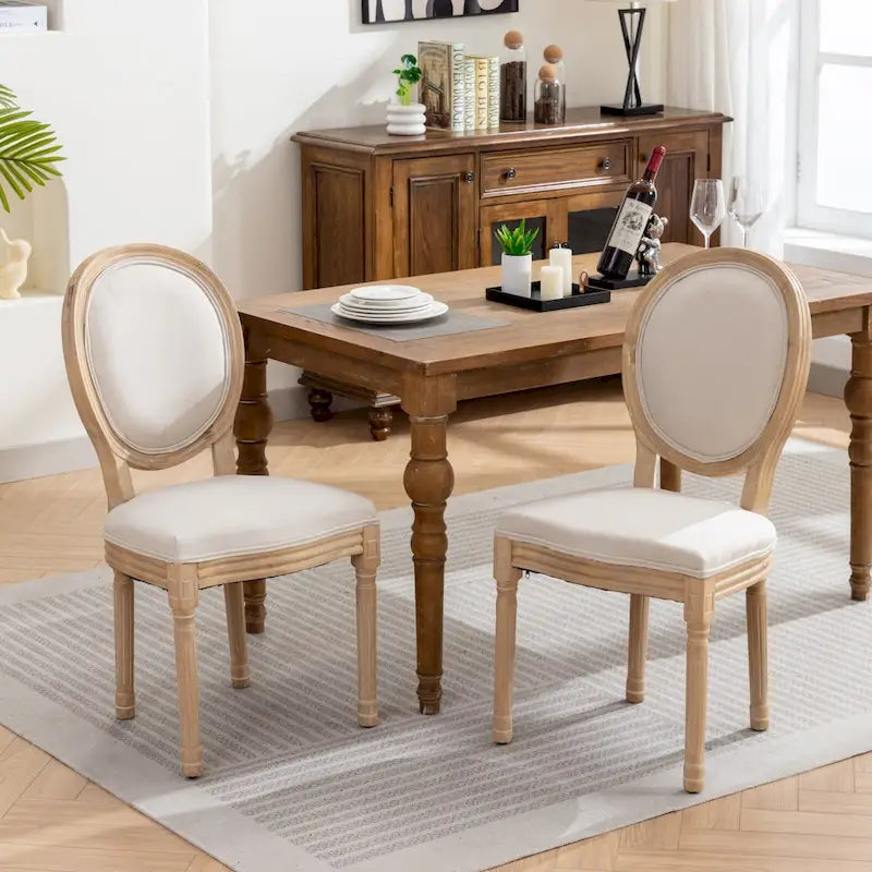 Sedia da pranzo ovale in stile francese, set di 2 – rivestimento in lino, struttura in legno massello