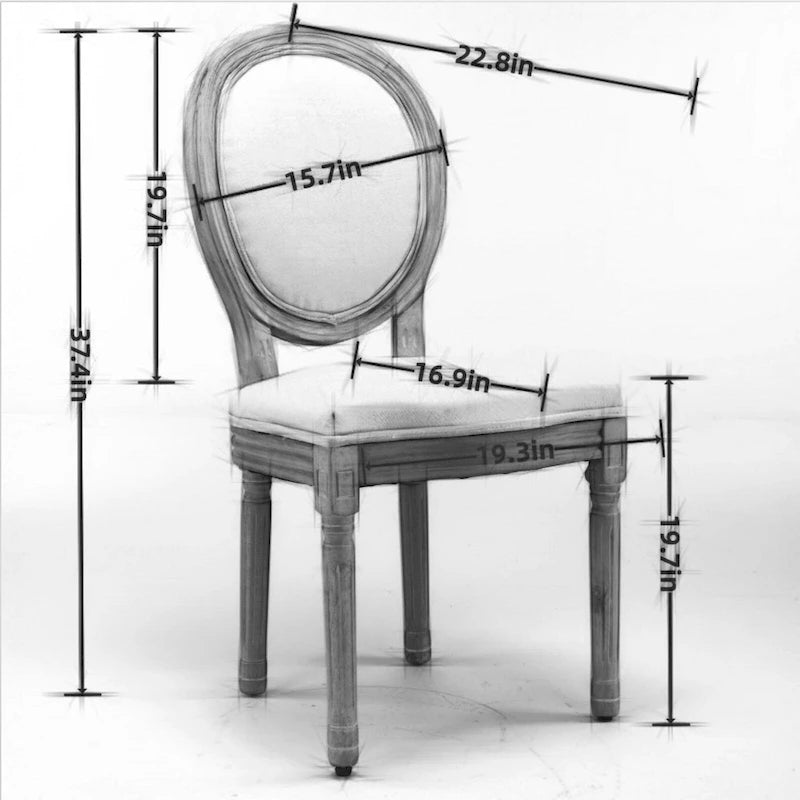Sedia da pranzo ovale in stile francese, set di 2 – rivestimento in lino, struttura in legno massello