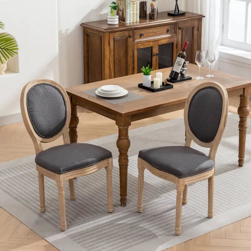 Sedia da pranzo ovale in stile francese, set di 2 – rivestimento in lino, struttura in legno massello