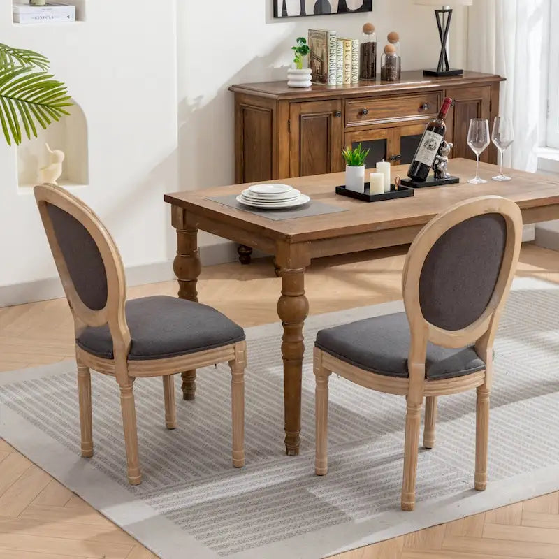 Sedia da pranzo ovale in stile francese, set di 2 – rivestimento in lino, struttura in legno massello