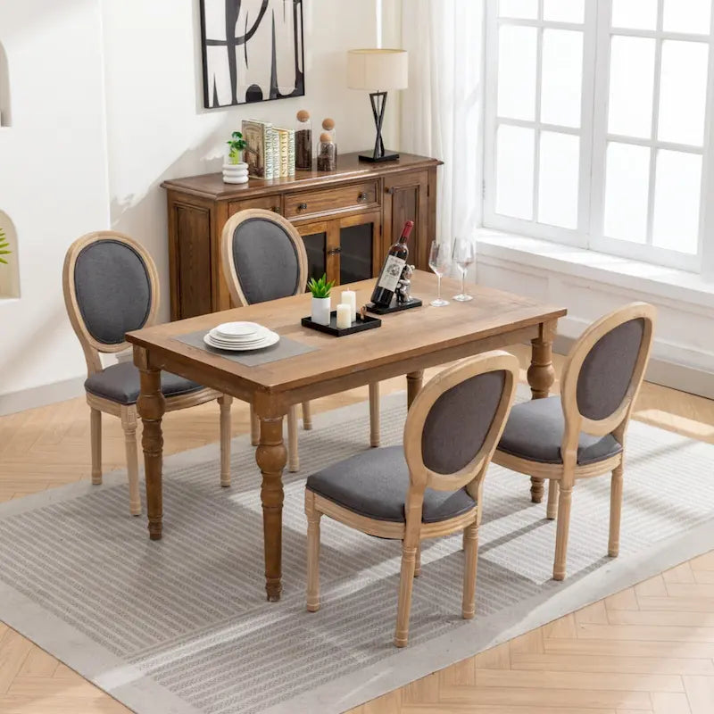 Sedia da pranzo ovale in stile francese, set di 2 – rivestimento in lino, struttura in legno massello