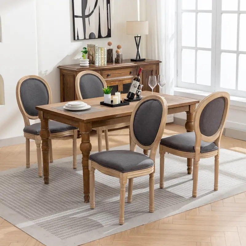 Sedia da pranzo ovale in stile francese, set di 2 – rivestimento in lino, struttura in legno massello