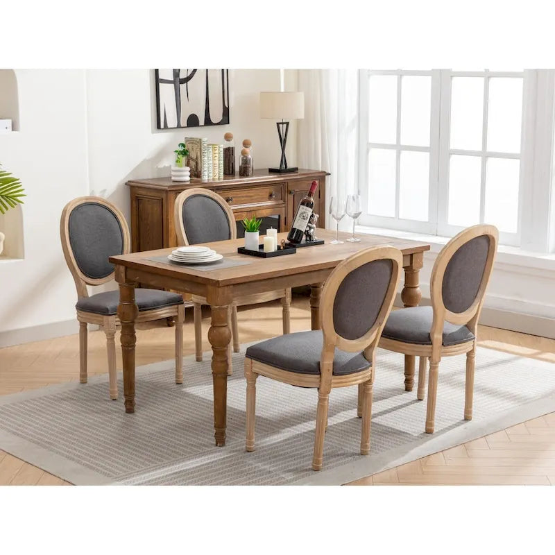Sedia da pranzo ovale in stile francese, set di 2 – rivestimento in lino, struttura in legno massello