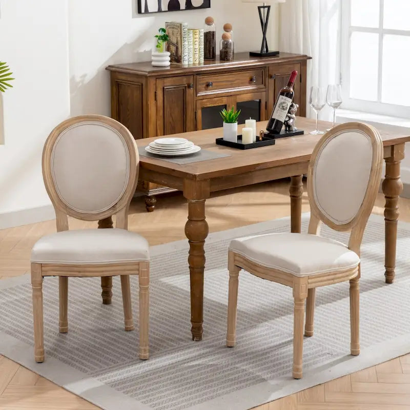 Sedia da pranzo ovale in stile francese, set di 2 – rivestimento in lino, struttura in legno massello