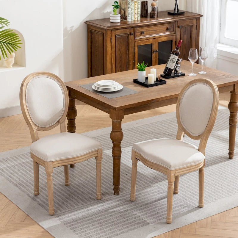 Sedia da pranzo ovale in stile francese, set di 2 – rivestimento in lino, struttura in legno massello