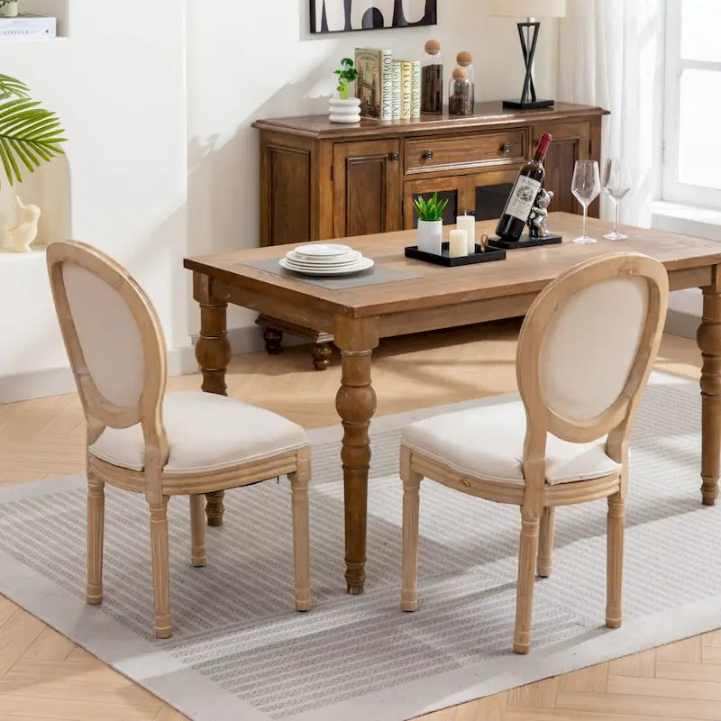 Sedia da pranzo ovale in stile francese, set di 2 – rivestimento in lino, struttura in legno massello