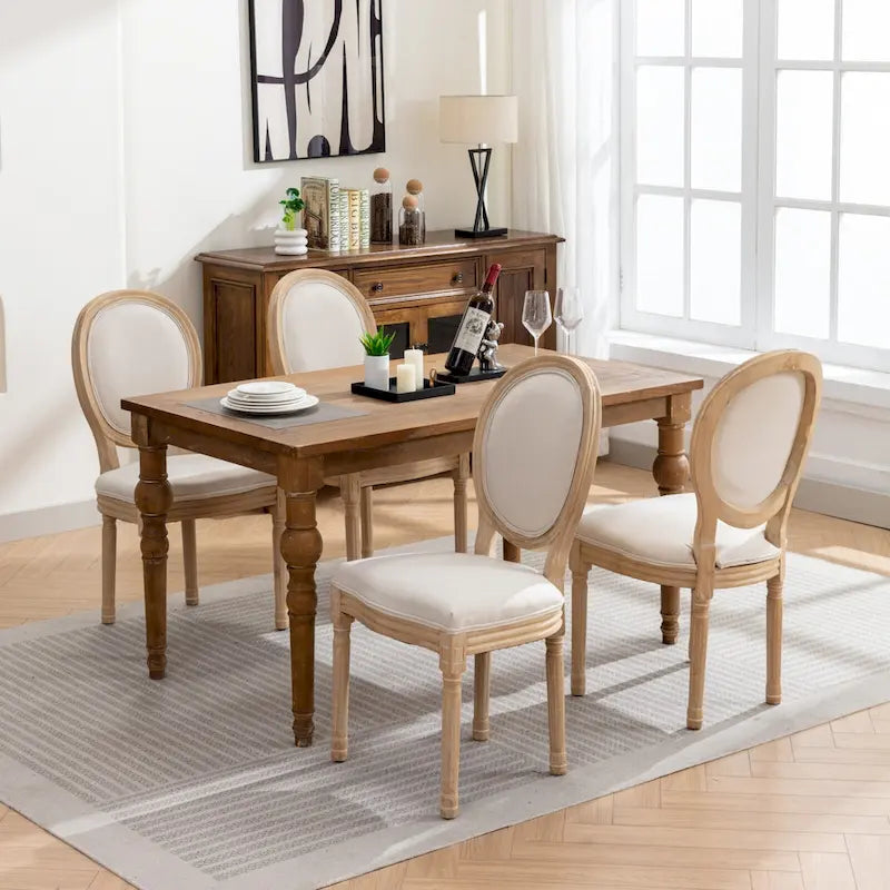 Sedia da pranzo ovale in stile francese, set di 2 – rivestimento in lino, struttura in legno massello