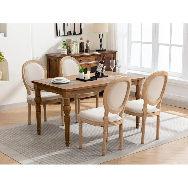 Sedia da pranzo ovale in stile francese, set di 2 – rivestimento in lino, struttura in legno massello