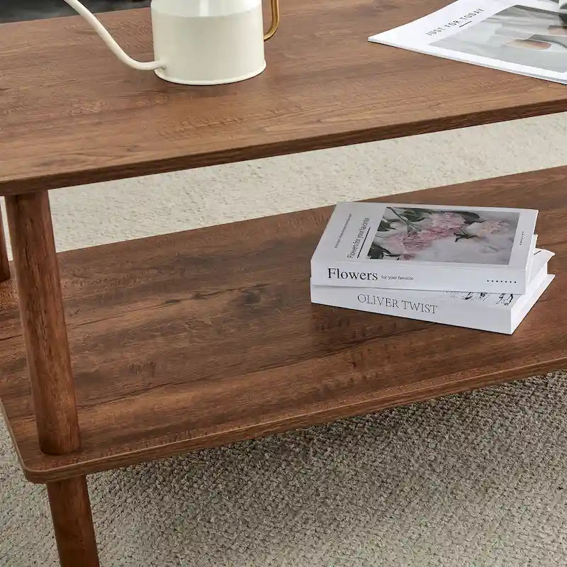Tavolino da Caffè a Due Livelli da 99 cm con Gambe in Legno di Gomma