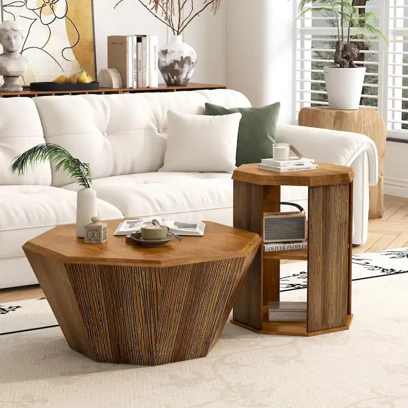 Set di 2 tavolini da caffè ottagonali in legno massello da 80 cm