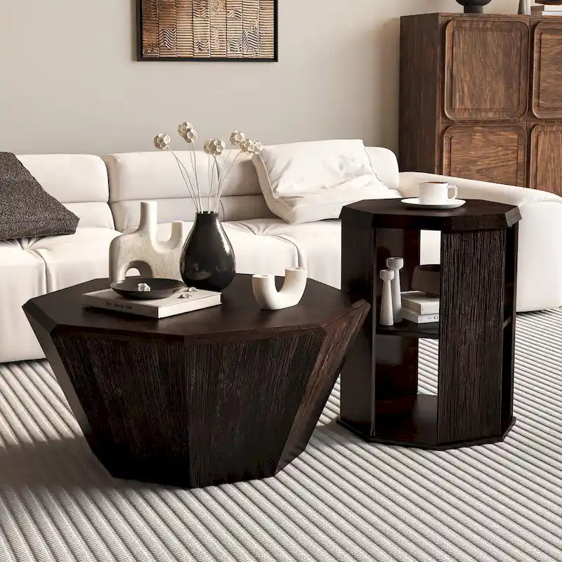 Set di 2 tavolini da caffè ottagonali in legno massello da 80 cm