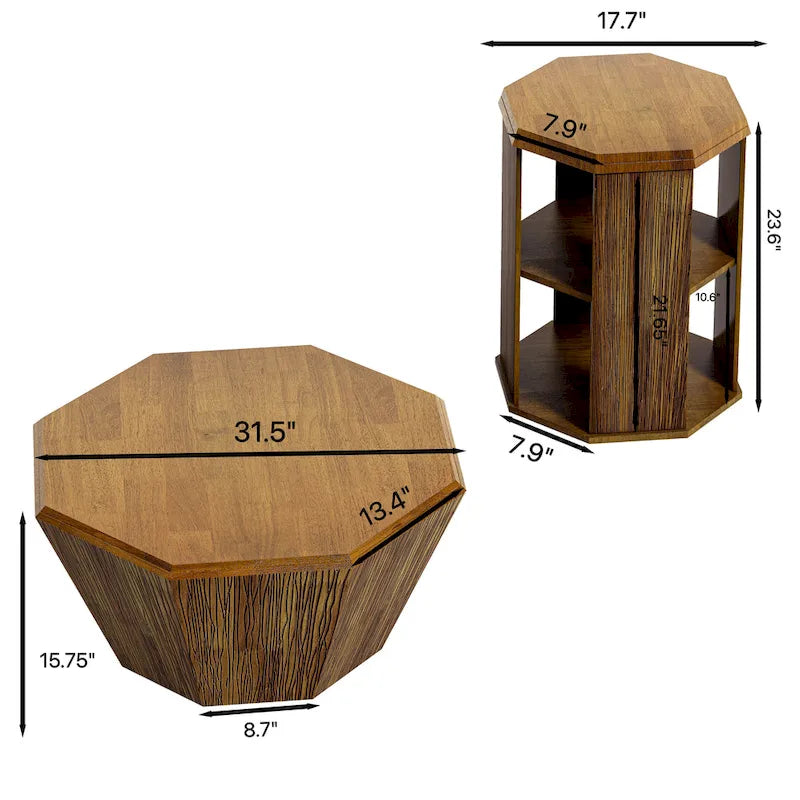 Set di 2 tavolini da caffè ottagonali in legno massello da 80 cm