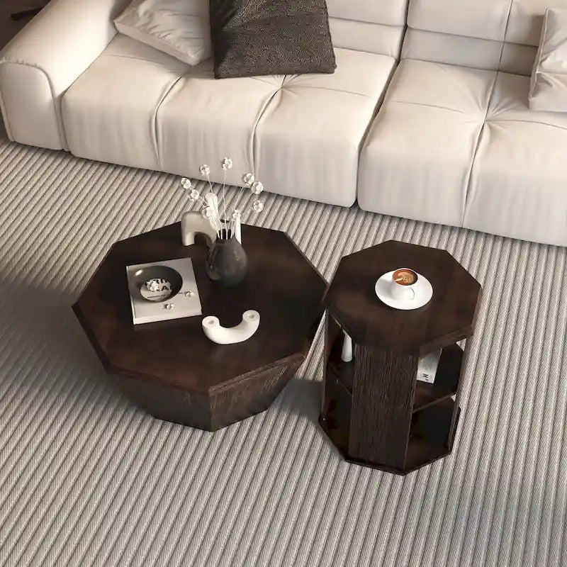 Set di 2 tavolini da caffè ottagonali in legno massello da 80 cm
