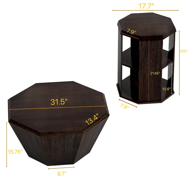 Set di 2 tavolini da caffè ottagonali in legno massello da 80 cm