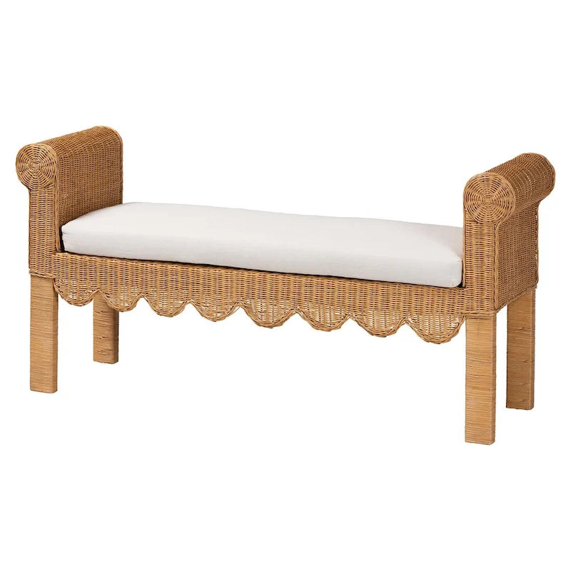 Panchina decorativa in rattan naturale intrecciato a mano con dettagli smerlati