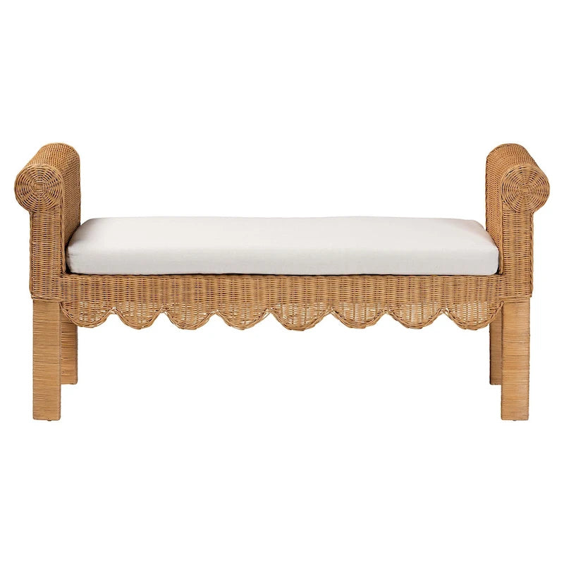 Panchina decorativa in rattan naturale intrecciato a mano con dettagli smerlati