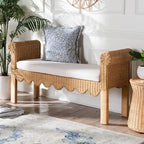 Panchina decorativa in rattan naturale intrecciato a mano con dettagli smerlati