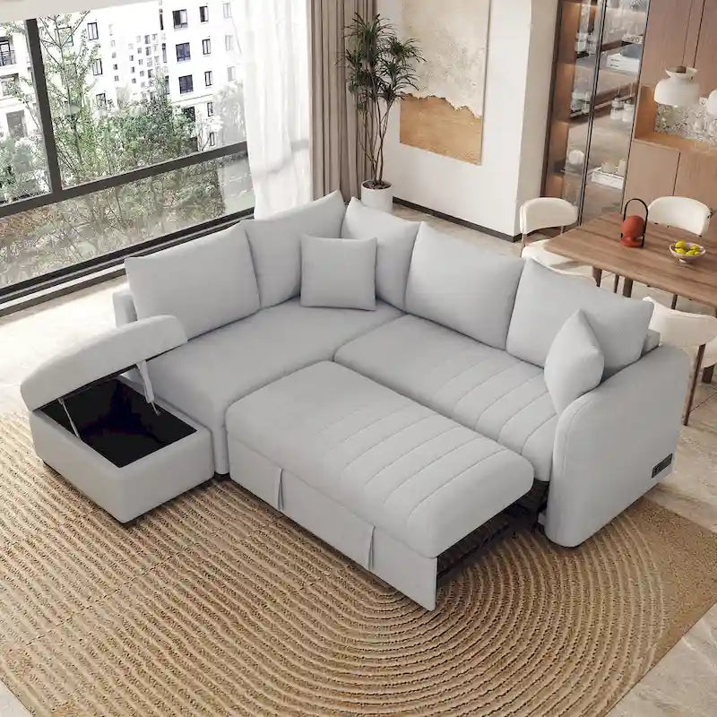 Divano letto estraibile a L con porte USB, prese di corrente e pouf contenitore