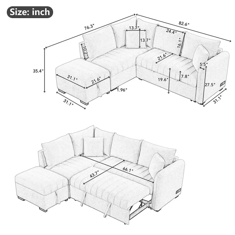 Divano letto estraibile a L con porte USB, prese di corrente e pouf contenitore